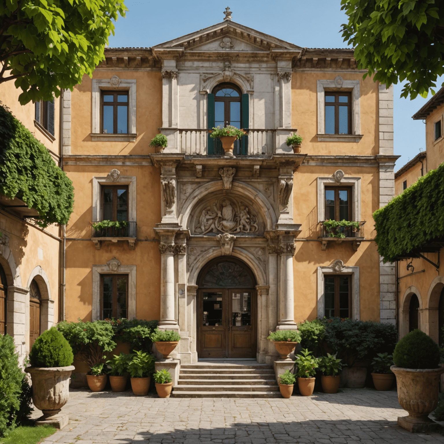 Facciata di un piccolo museo italiano con architettura rinascimentale, circondato da un giardino ben curato