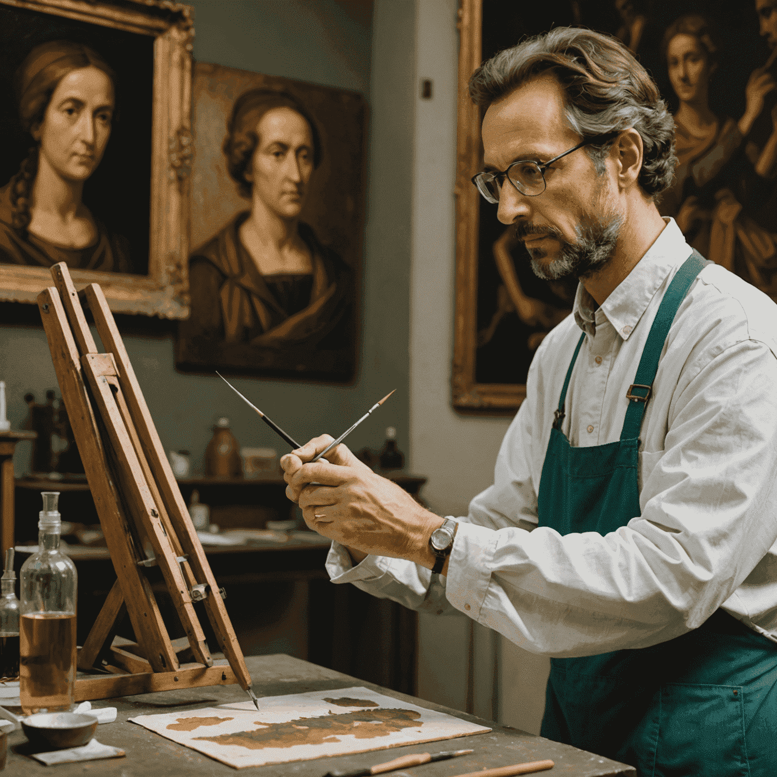 Restauratore che lavora su un dipinto antico in un laboratorio di conservazione di un museo italiano, utilizzando strumenti di precisione e tecnologie avanzate