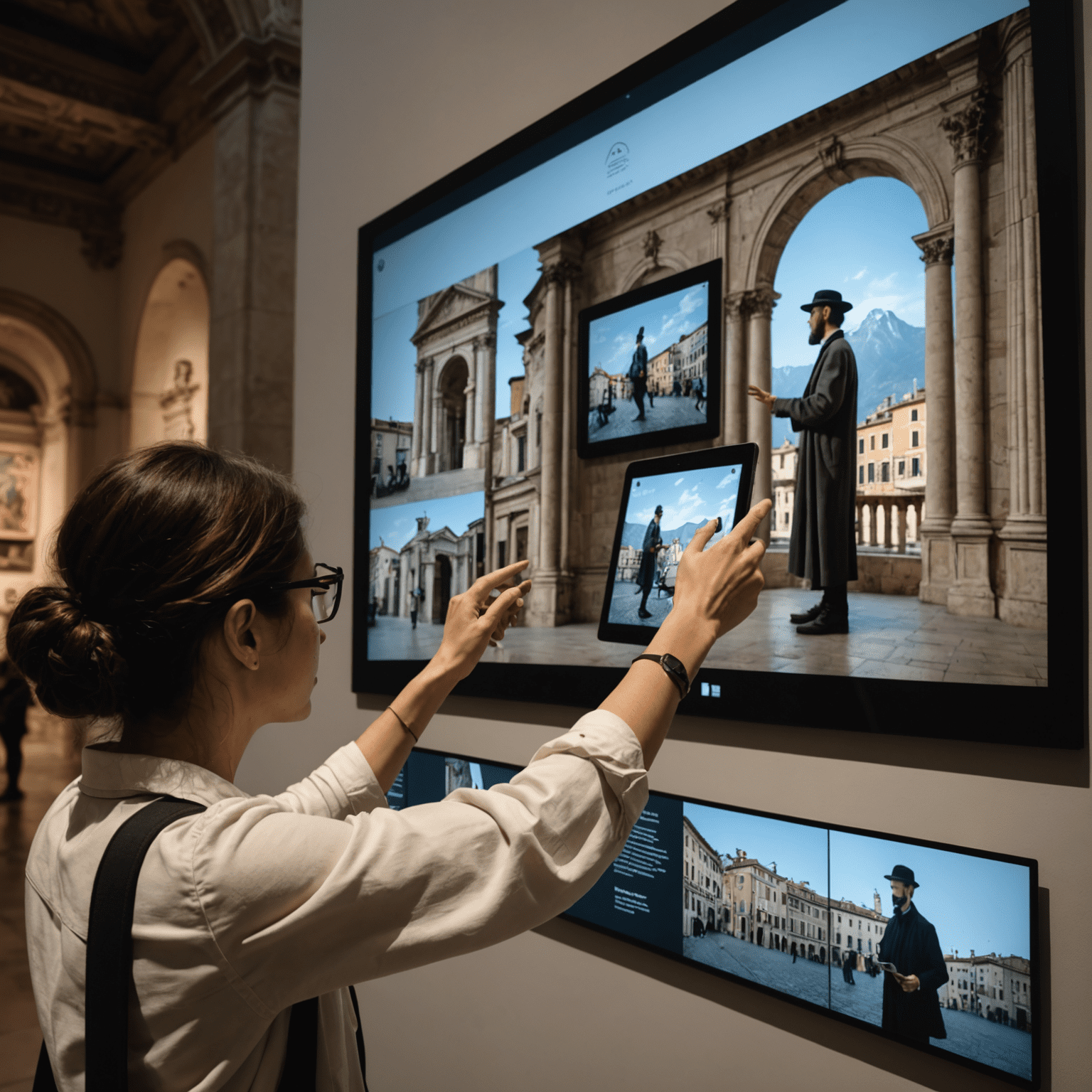 Un visitatore che interagisce con un'installazione digitale in un museo italiano, toccando uno schermo interattivo che mostra un'opera d'arte in realtà aumentata