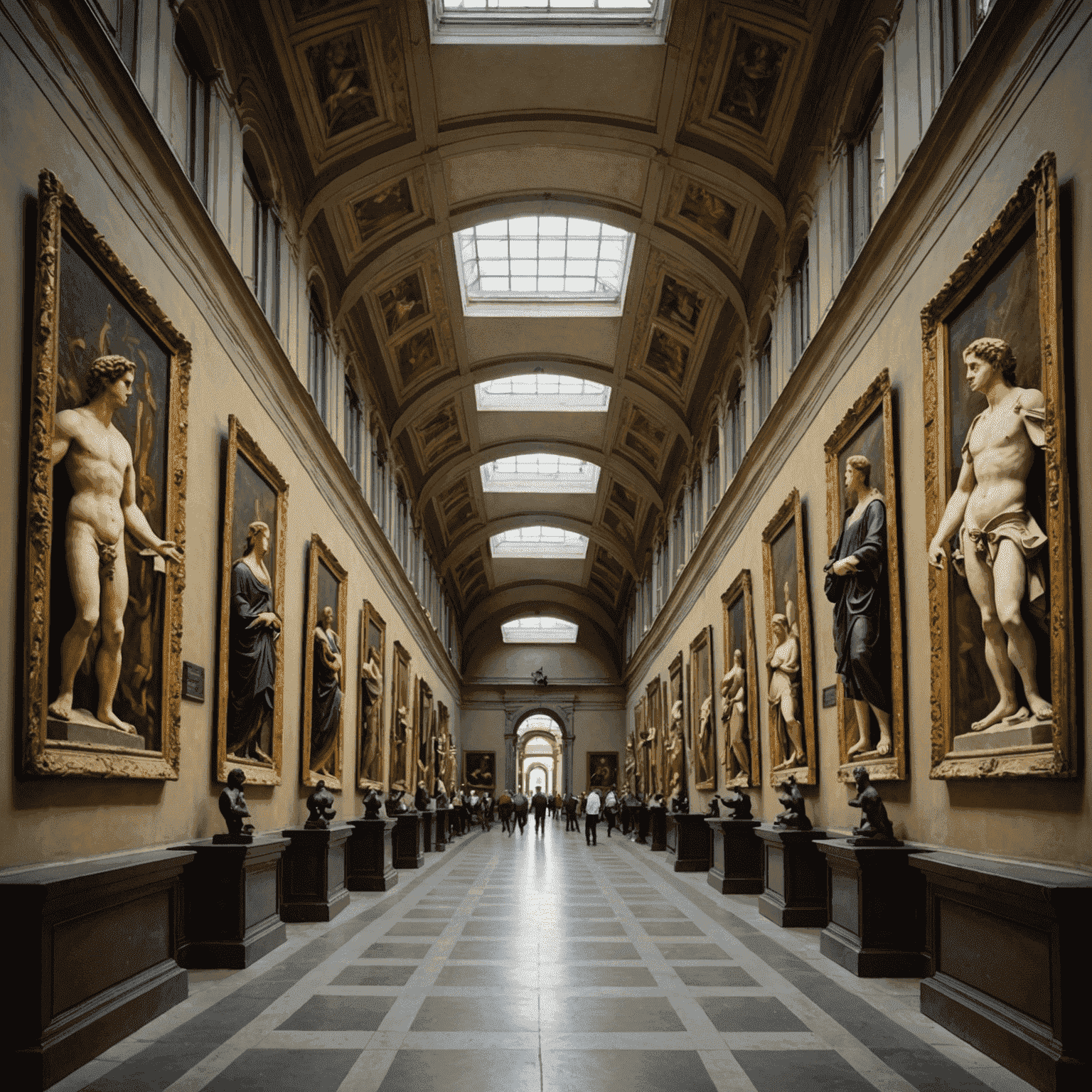 Interno della Galleria degli Uffizi con corridoi pieni di sculture e dipinti rinascimentali