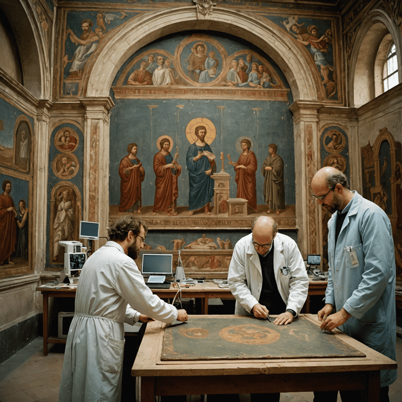 Un team di restauratori che utilizza tecnologie di imaging avanzate per analizzare un affresco antico senza toccarlo, in un laboratorio di un museo italiano