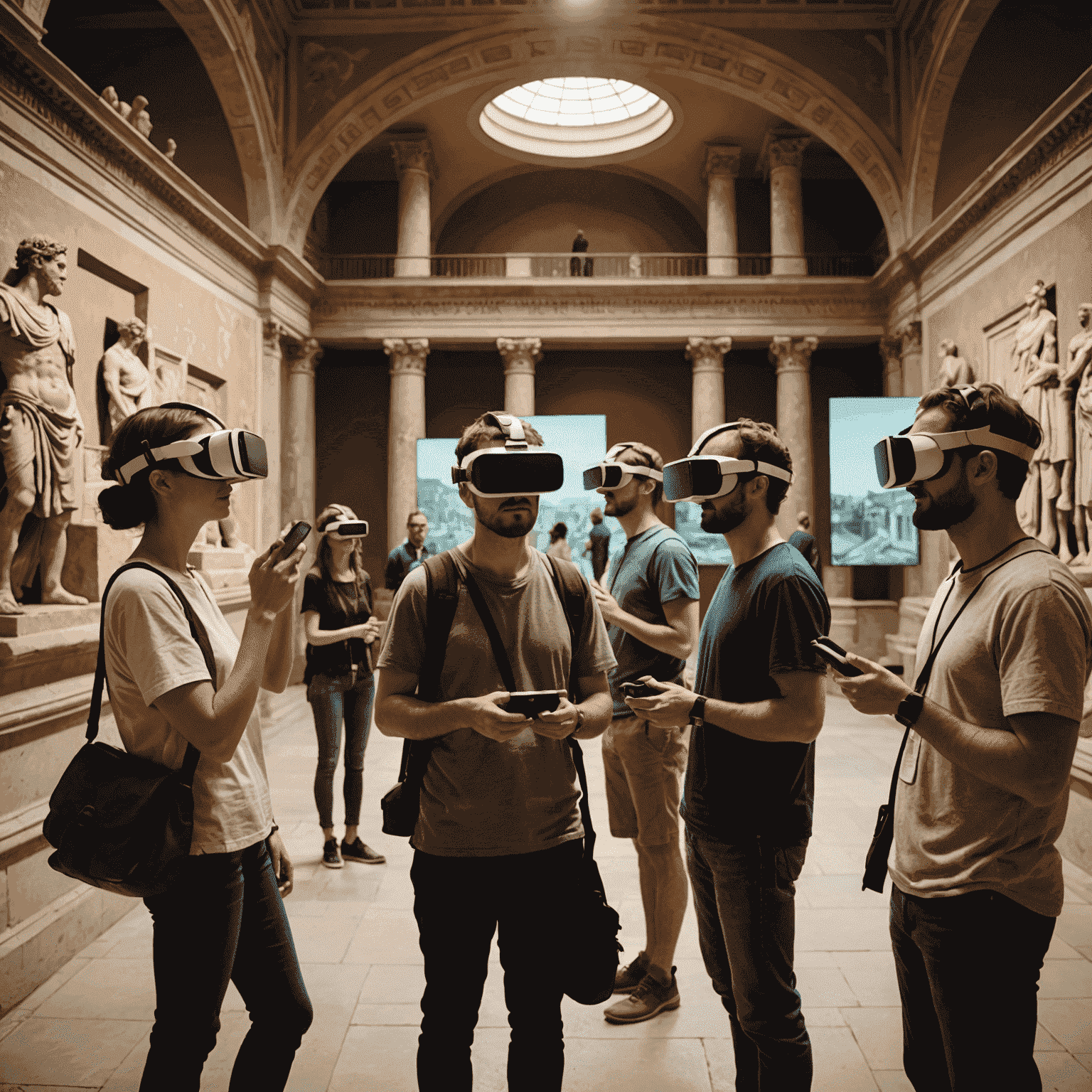 Un gruppo di visitatori che indossa visori VR in una sala museale, esplorando una ricostruzione virtuale di un'antica città romana