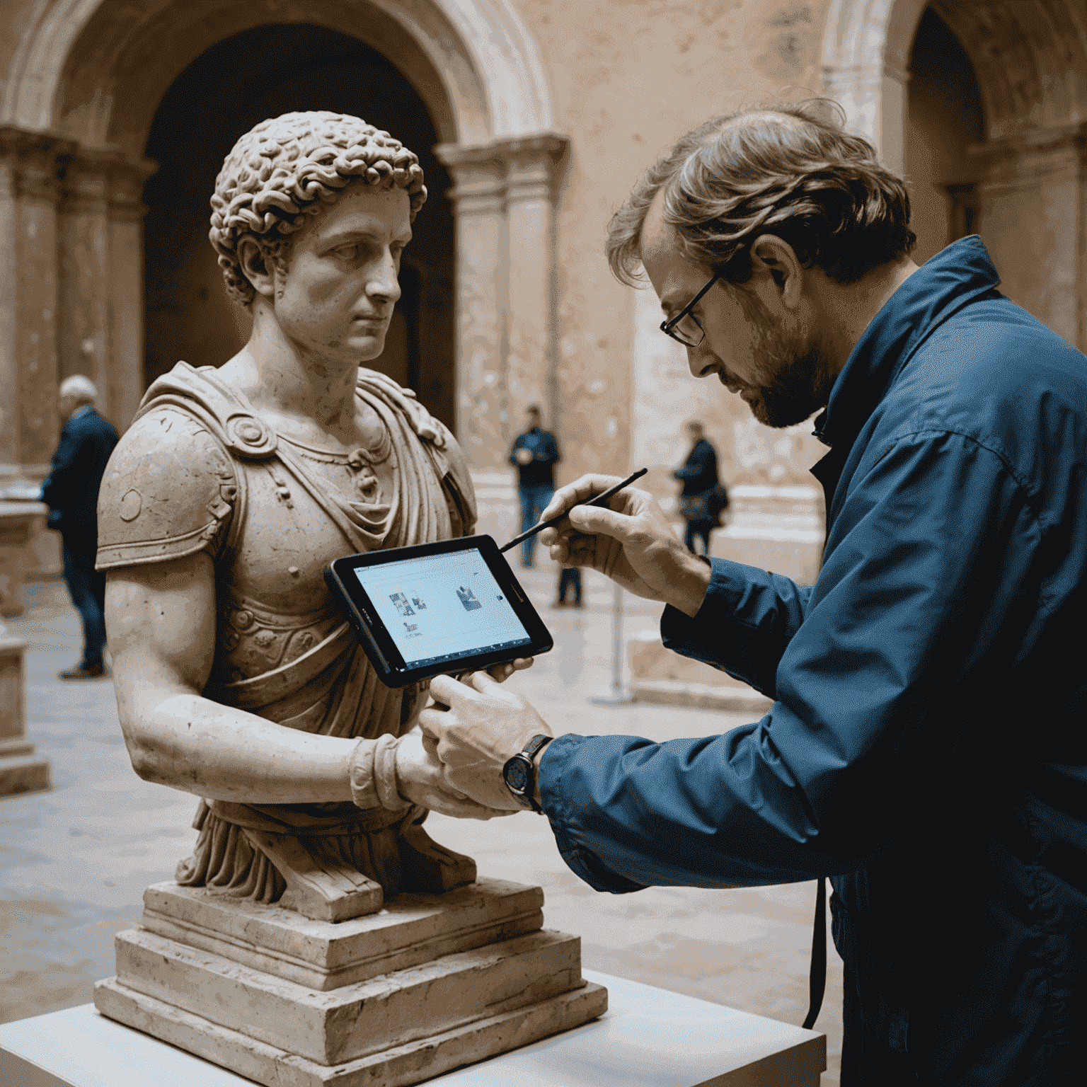 Un esperto di conservazione che utilizza un dispositivo portatile per monitorare le condizioni ambientali intorno a una scultura antica in un museo italiano