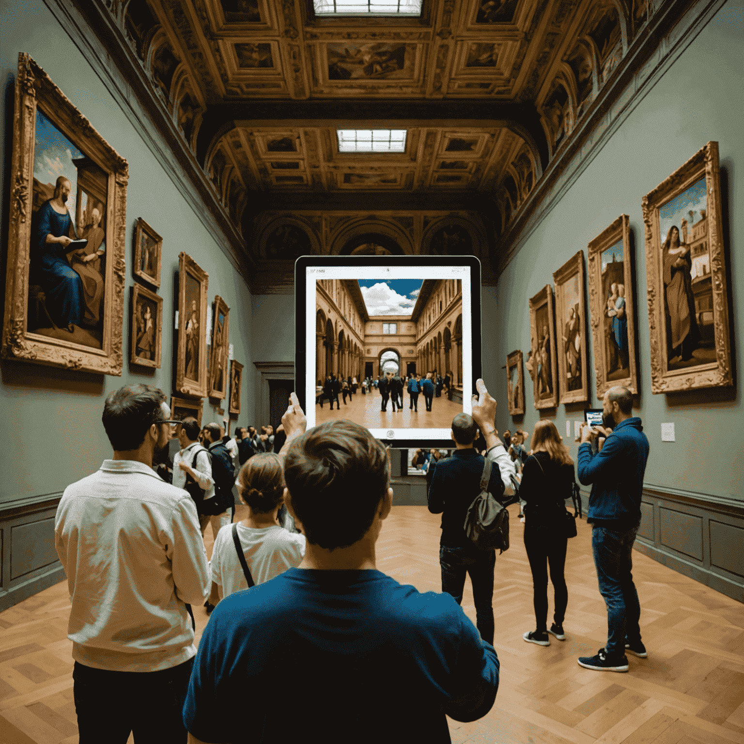 Una sala della Galleria degli Uffizi con visitatori che utilizzano tablet per visualizzare informazioni in realtà aumentata sulle opere d'arte