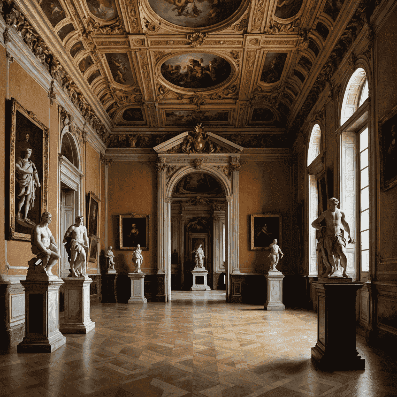 Sala della Galleria Borghese con sculture di Bernini e dipinti di Caravaggio