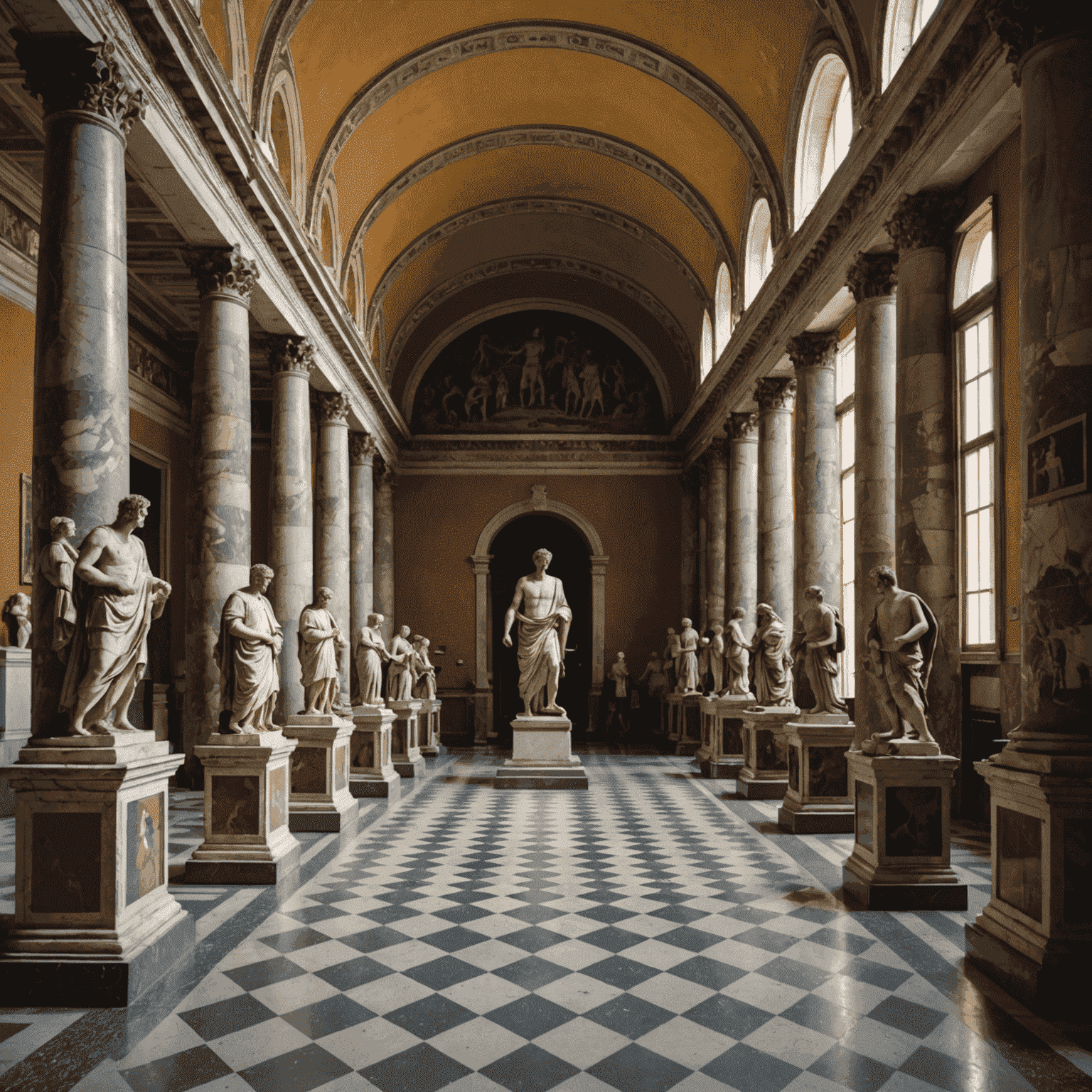 Sala del Museo Archeologico Nazionale di Napoli con statue romane e mosaici di Pompei